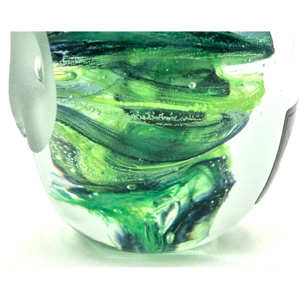 Kerry Glass Art Blown Glass Paperweight Owl‎ Green Swirl Hand Made in Ireland